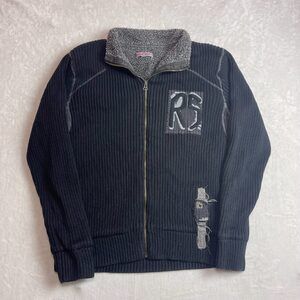 Red Squad Men's Black Ribbed Full Zip Sweater Sherpa Collar L Y2K Avant Garde